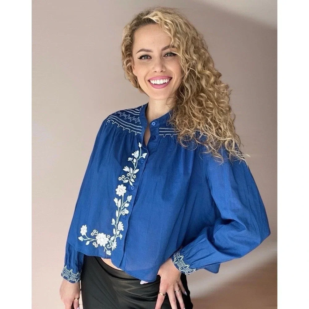 Zara Cropped Floral Blouse Womens S Blue Embroidered Boho Prairie Cottagecore - Picture 7 of 7